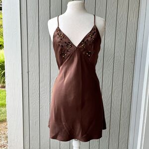 VTG 90s Natori Satin Slip Dress XS/S Leopard Embroidery Crisscross Back